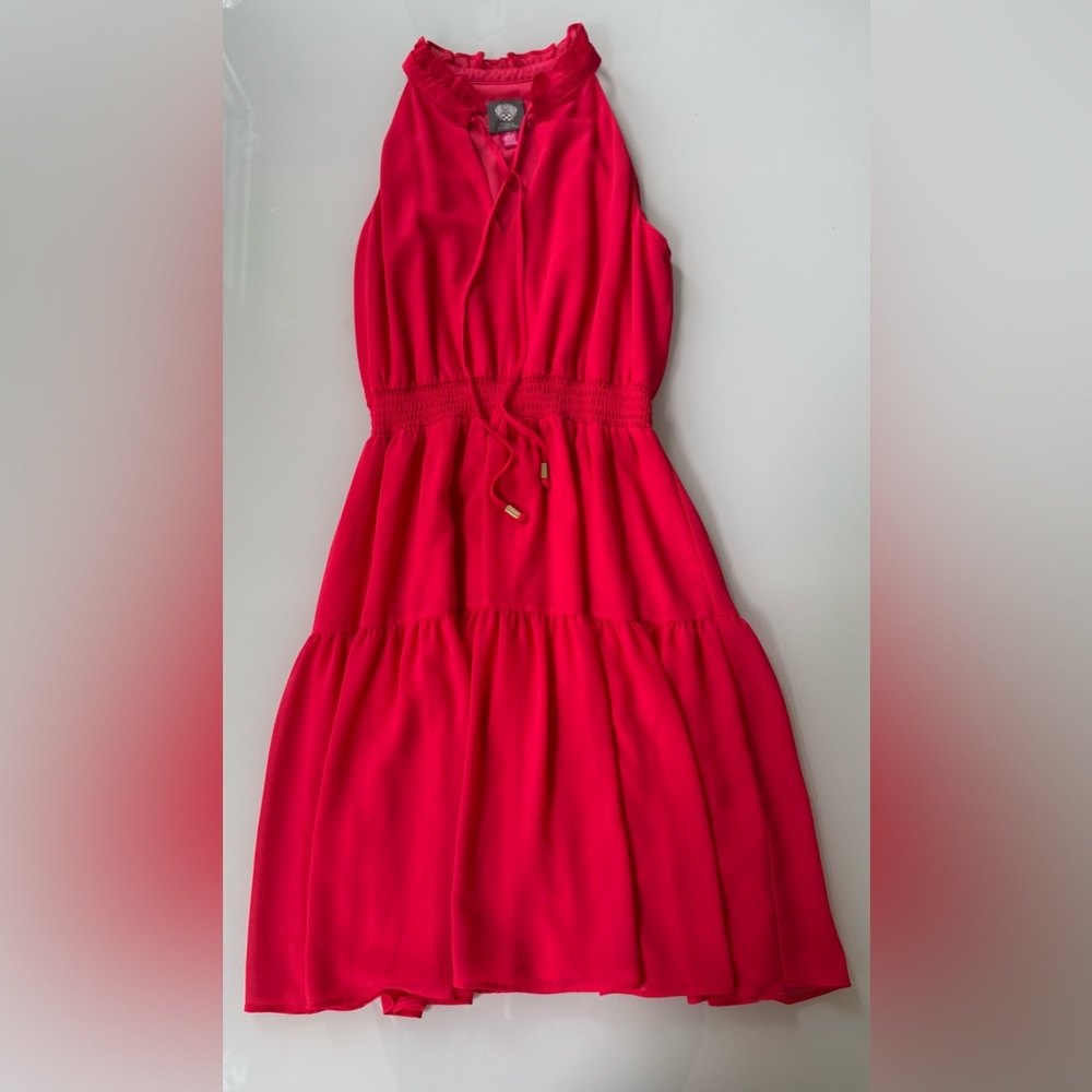 Vince Camuto Pink Sleeveless Ruffle Neck Dress Tie Waist – Size 6
